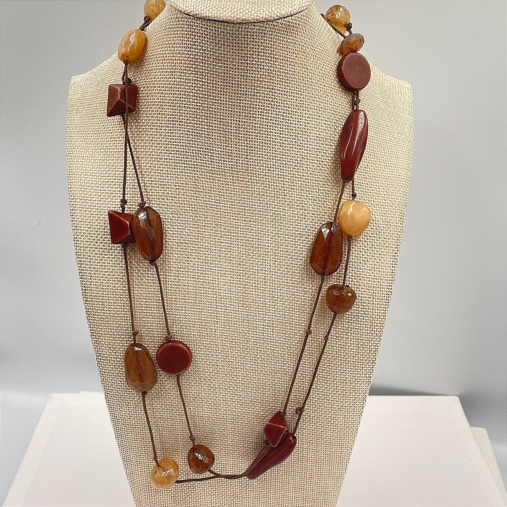 Vintage Chunky Boho Statement Necklace Multi Strand Earth Tone Resin Beads 24"‎